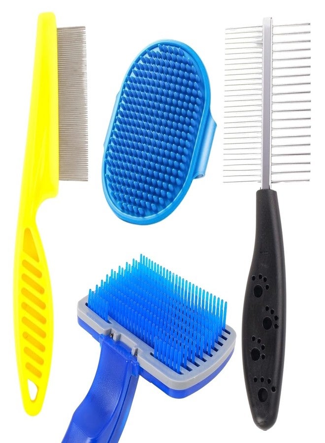 REGIIS Professional Pet Grooming Brush Set, Blue and Yellow, Metal and Plastic, Double-Sided Flea Comb with Massage Brush for Dogs(PACK OF 4) - Image 1